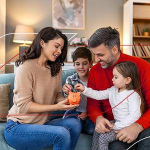 Rodzina siedząca w salonie i wrzuczająca pieniądze do skarbonki. Wersja mobile